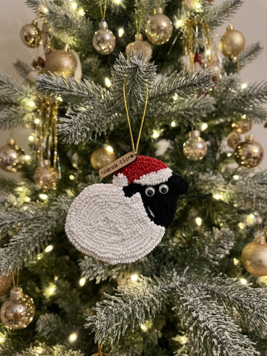 A beaded Christmas ornament shaped like a sheep wearing a Santa hat, hanging on a decorated flocked Christmas tree with warm white lights and gold ornaments.