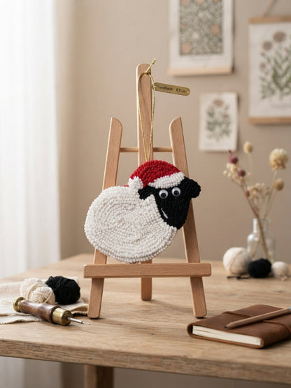 A crocheted sheep ornament wearing a red Santa hat, displayed on a small wooden easel on a wooden table in a styled room setting.
