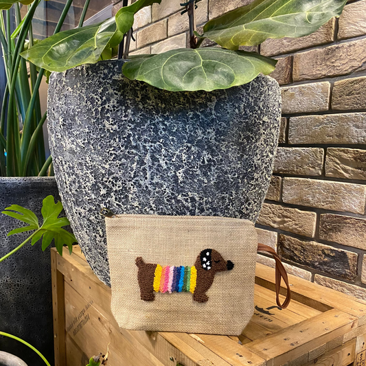 Handmade Punch Needle Clutch – Sausage Dog Design | Water-Resistant (Jute)