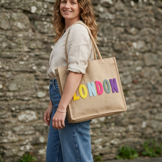 A woman wearing a beige top and blue jeans carries a natural jute tote bag with the word 'LONDON' spelled out in colorful embroidered letters against a stone wall background.