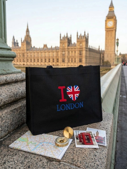 Black jute shoulder bag with I Love London Union Jack design