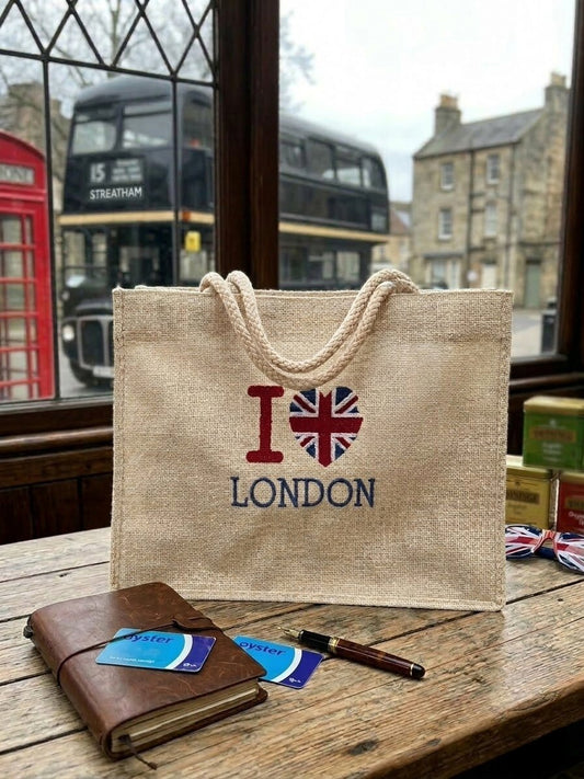 Natural jute tote bag with I Love London design and Union Jack heart
