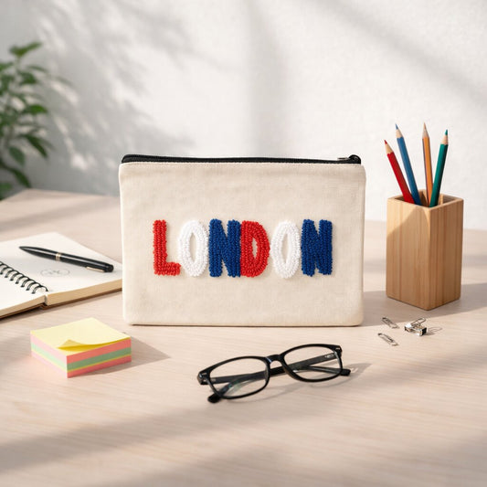 Beige pouch with 'LONDON' embroidery on a desk with stationery items