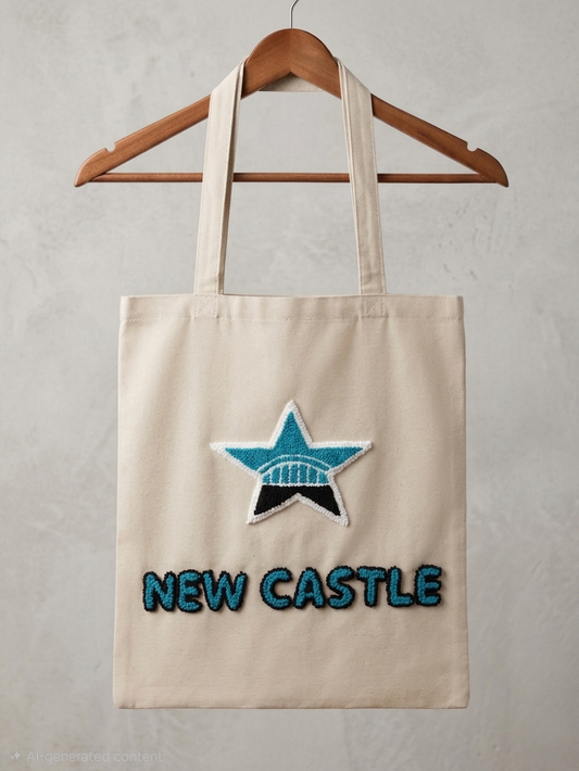 Newcastle tote bag with handmade punch needle star and bridge design and New Castle lettering, hanging on a wooden hanger