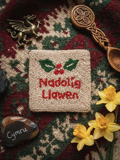 A square beige woven or crocheted textile piece with red embroidered text reading 'Nadolig Llawen' and green/red holly decoration, styled on a red and green patterned rug with decorative props including a brass dragon, carved wooden spoon, yellow daffodils, and a stone inscribed 'Cymru'.