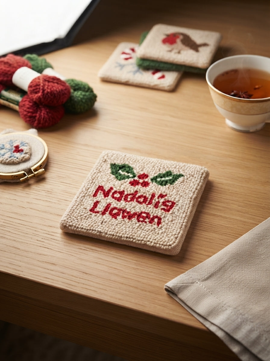 A square beige knitted coaster with red embroidered text reading 'Nadja's Llanwen' and green holly leaves and red berries, styled on a wooden table with a cup of tea, yarn balls, and other coasters nearby.