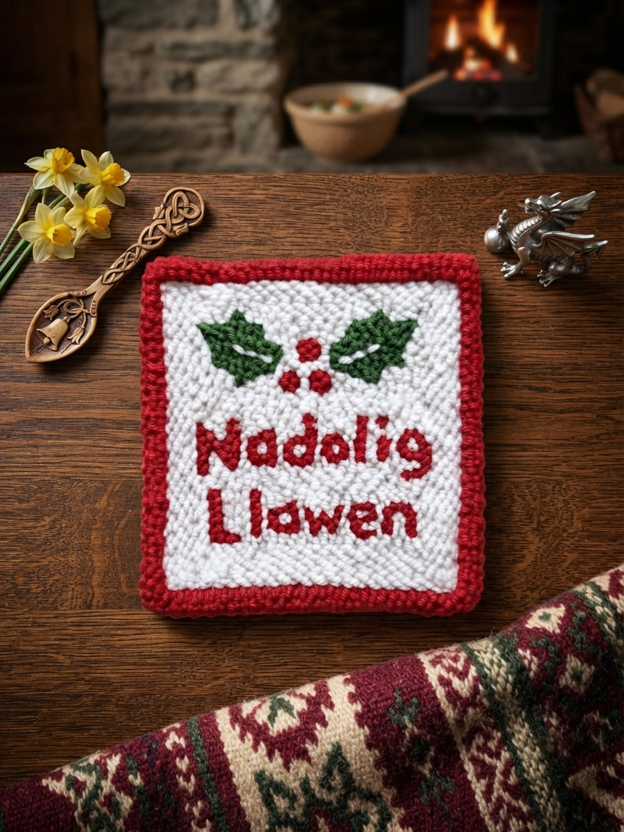 Welsh "Nadolig Llawen" Holiday Decor Handmade Christmas Coaster | Rustic Farmhouse Tableware