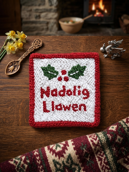 Welsh "Nadolig Llawen" Holiday Decor Handmade Christmas Coaster | Rustic Farmhouse Tableware