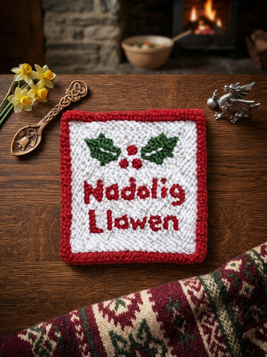 Welsh "Nadolig Llawen" Holiday Decor Handmade Christmas Coaster | Rustic Farmhouse Tableware