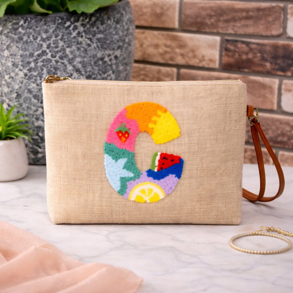 Alphabet Punch Needle Jute Clutch Bag (A & C)