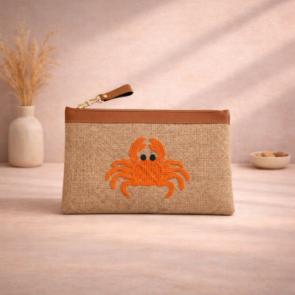 Orange Crab Punch Needle Jute Flat Clutch Bag