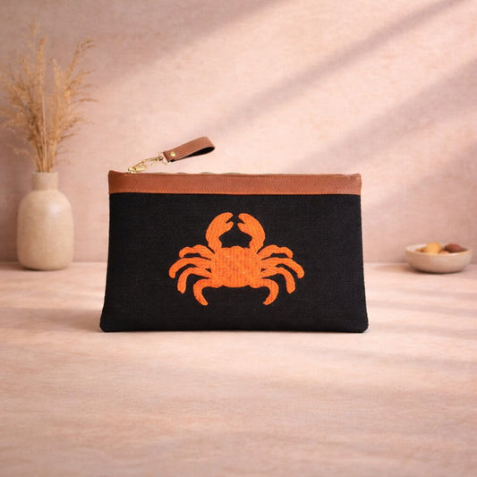 Orange Crab Punch Needle Jute Flat Clutch Bag