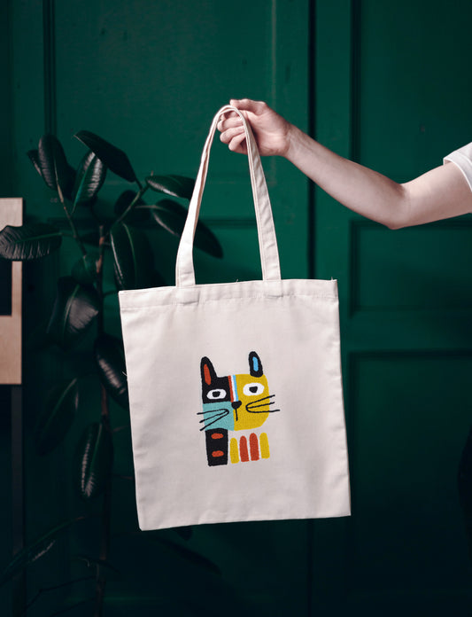 Picasso Cat Punch Needle Canvas Tote Bag