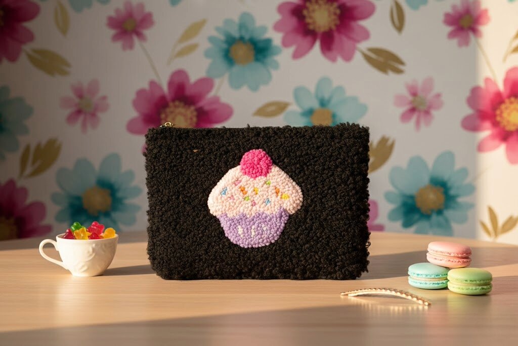 Purple Cupcake Teddy Pouch - Handmade Plush Zip Bag