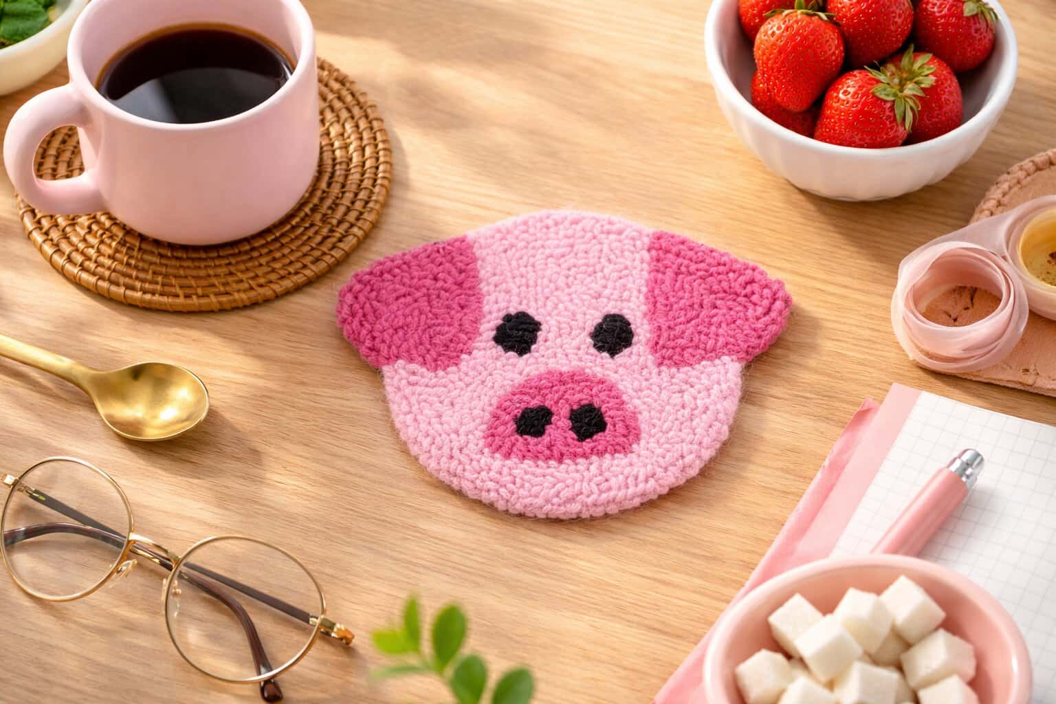 Pig punch needle coaster handmade in soft pink yarn