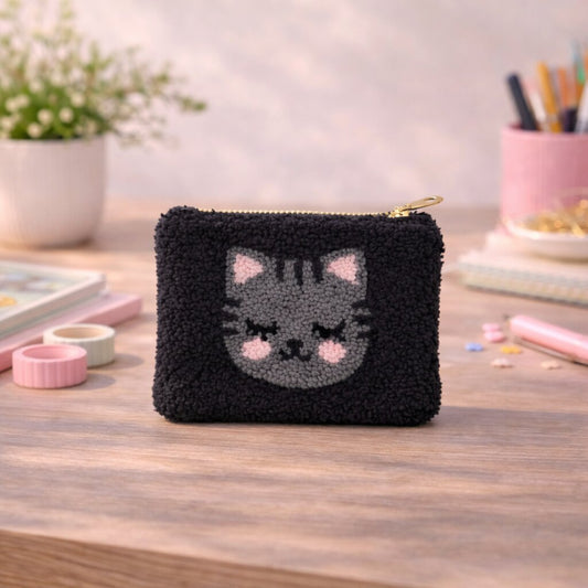 Dark grey cat teddy pouch handmade in UK black plush zip bag