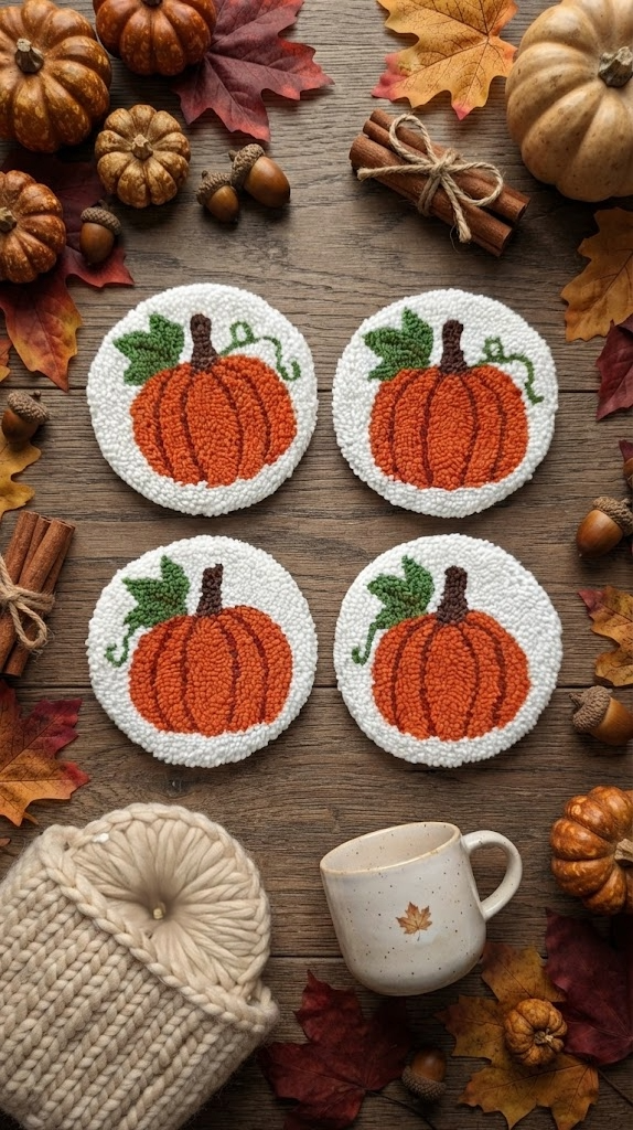 Four round coasters featuring orange pumpkin designs with green leaves, arranged on a rustic wooden table surrounded by autumn leaves, acorns, cinnamon sticks, small pumpkins, a knit beige towel, and a white ceramic mug.