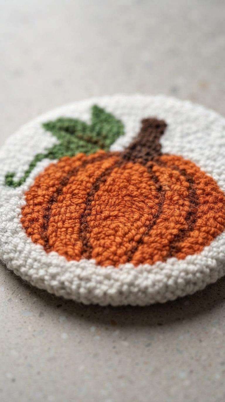 A close-up of a punch needle round coaster featuring an orange pumpkin design with green leaves and a brown stem on a white base, set on a neutral gray surface.