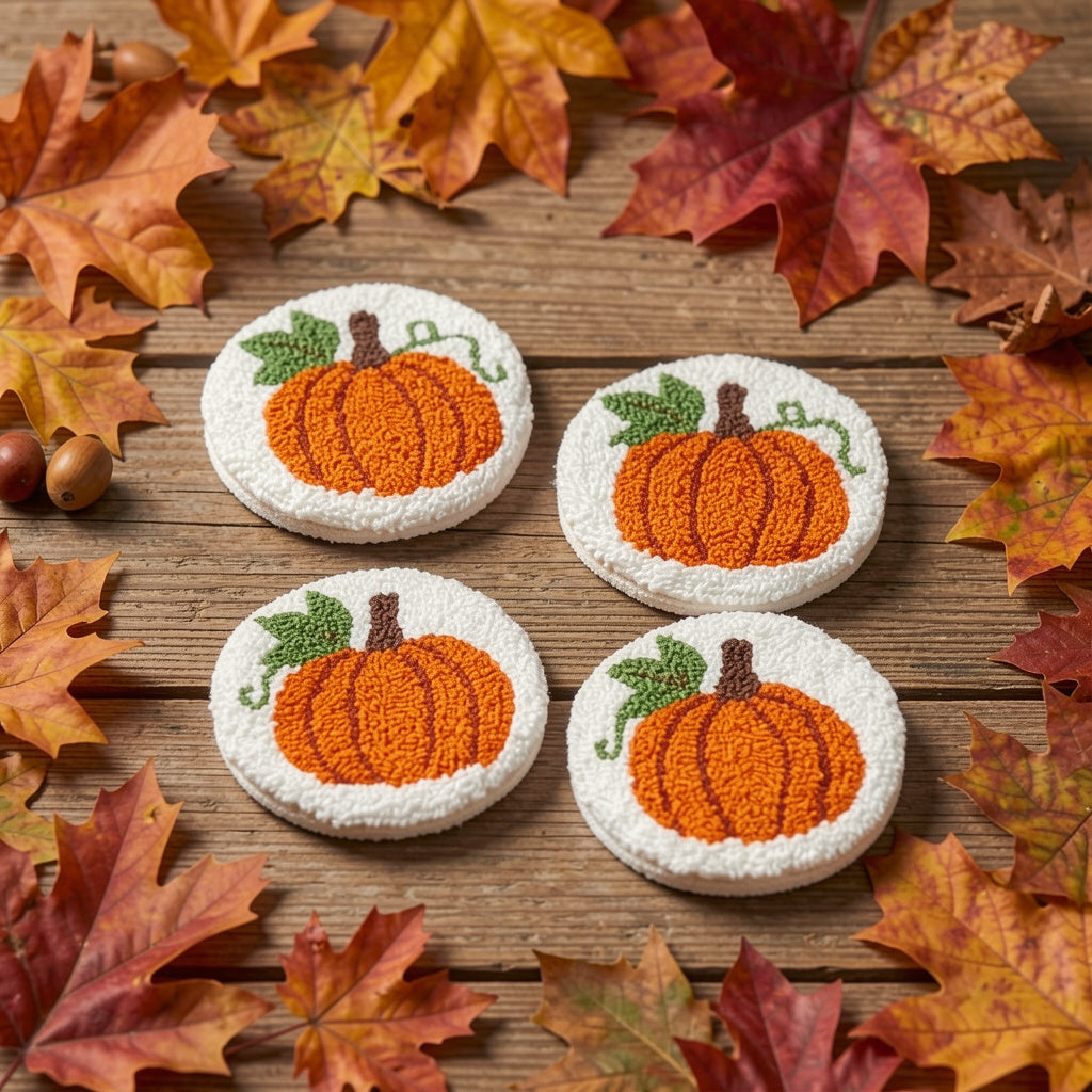 Four round white coasters decorated with orange pumpkin and green leaf designs, arranged on a rustic wooden surface surrounded by colorful autumn leaves.