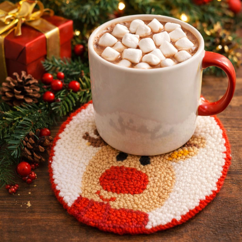 Close-up of a handcrafted punch needle Christmas coaster featuring a reindeer with a red nose on a wooden table with holiday decorations.