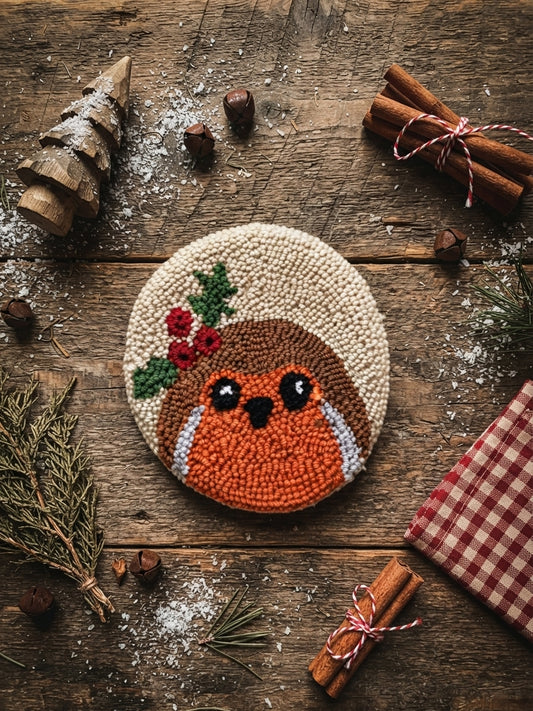 A round punch needle art piece of a robin bird with a holly wreath, displayed on a rustic wooden table surrounded by Christmas-themed props like pine branches, cinnamon sticks, and a red gingham cloth.
