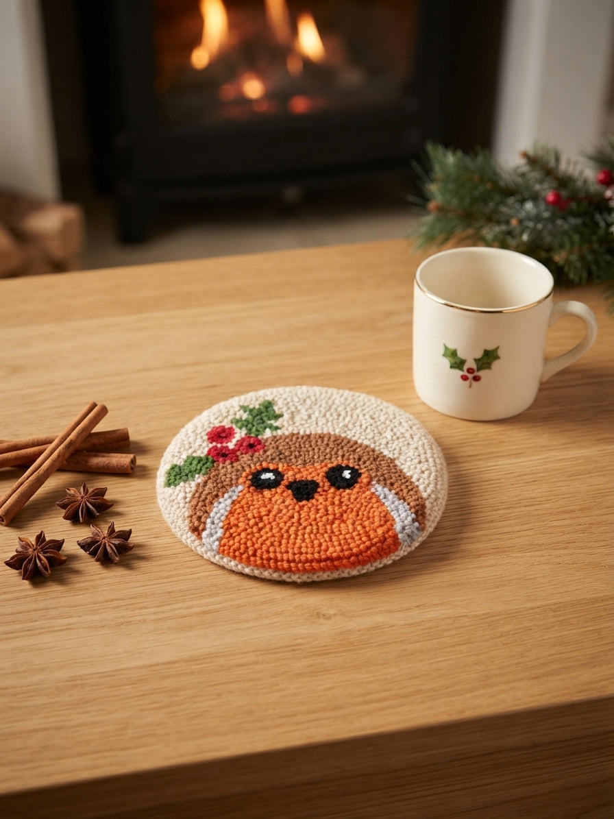 A round crocheted or knitted decorative mat with a robin bird design sits on a wooden table in a cozy indoor setting. A white ceramic mug with a holly motif, cinnamon sticks, star anise, and evergreen branches are arranged around it, with a blurred fireplace in the background.