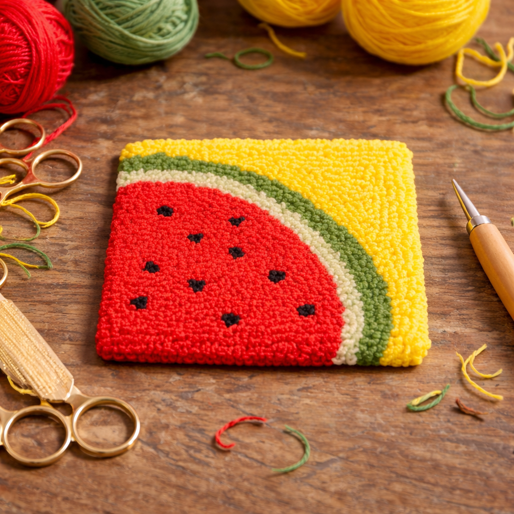 Round watermelon punch needle coaster by Kozi Crafts