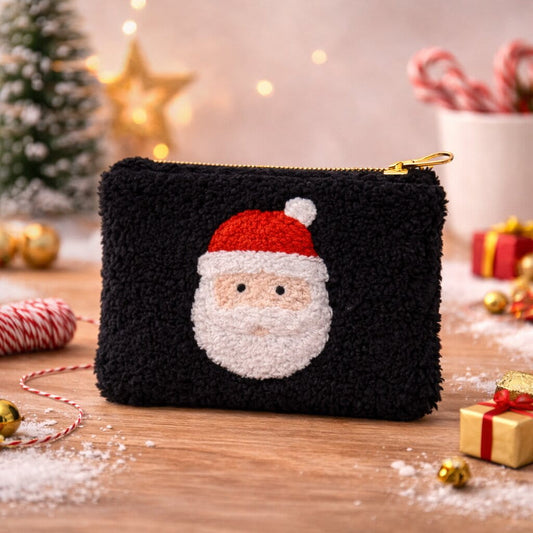 Santa teddy pouch handmade in UK black plush Christmas zip bag