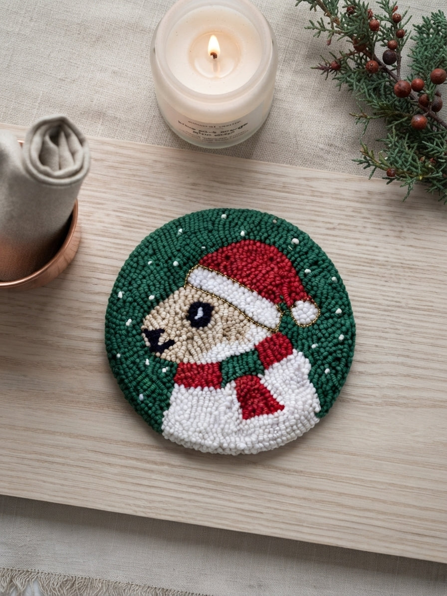 A round hand-punched needlepoint canvas featuring a dog in a red Santa hat and red scarf on a green background, displayed on a light wood surface with a lit candle, pine branch, and rolled napkin nearby.