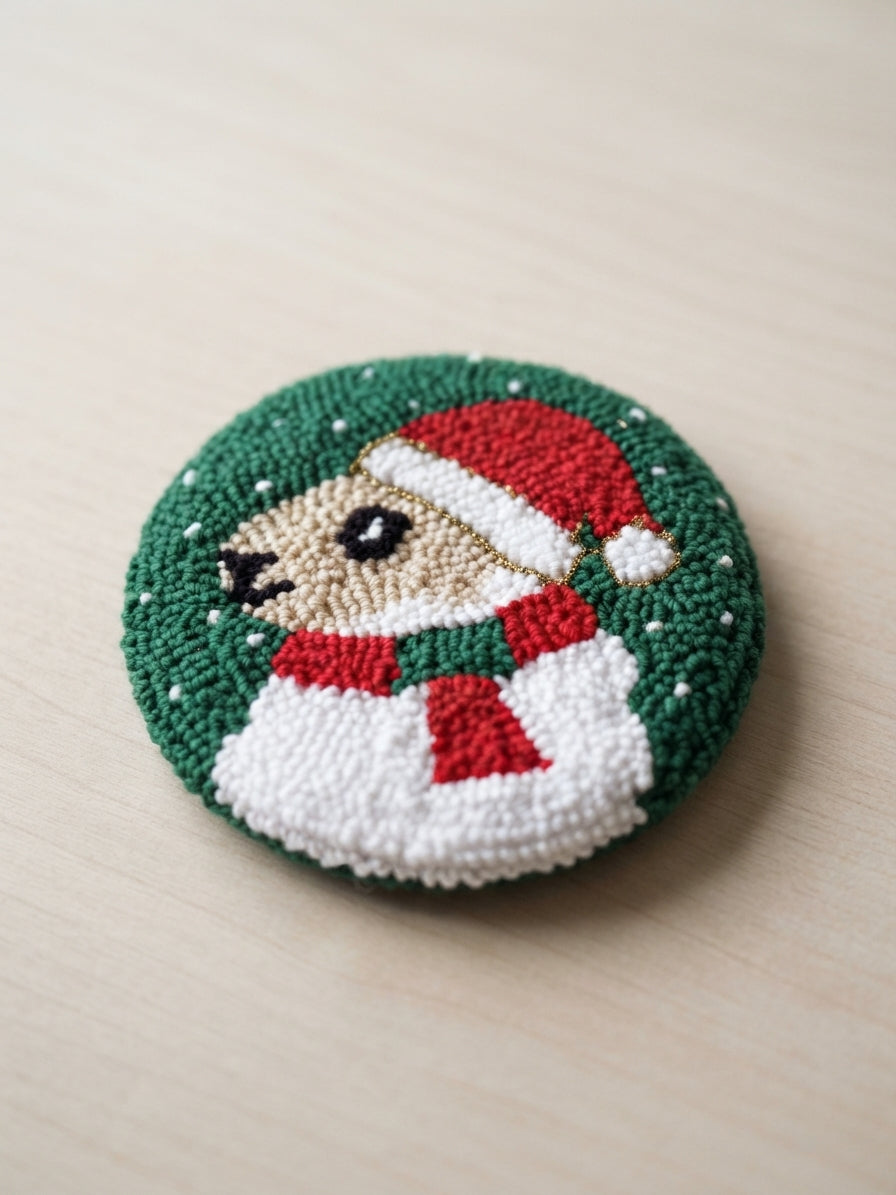 A round hand-tufted decorative piece featuring a smiling dog wearing a red Santa hat and red-and-green scarf, set against a dark green textured background with small white dot details, photographed on a light wood surface.