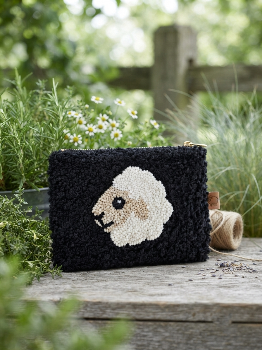 A black fuzzy pouch or clutch with a raised sheep head motif in cream and beige, photographed outdoors on a rustic wooden surface with greenery and flowers in the background.