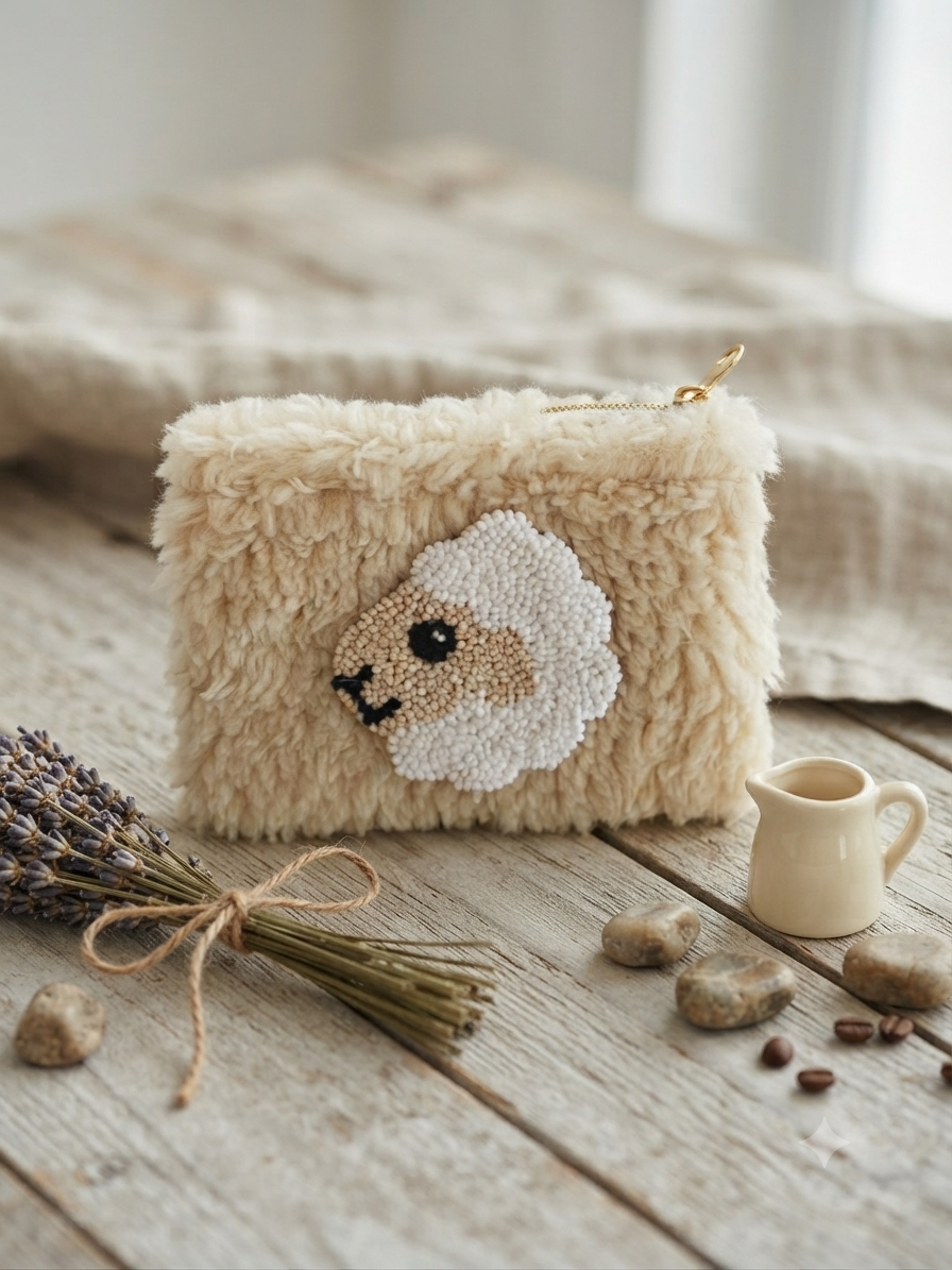 A fluffy cream-colored sheepskin or faux-sheepskin zip pouch with a raised sheep face applique on the front, styled on a rustic wooden surface with dried lavender, small stones, and a tiny cream pitcher.