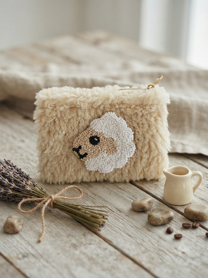 A fluffy cream-colored sheepskin or faux-sheepskin zip pouch with a raised sheep face applique on the front, styled on a rustic wooden surface with dried lavender, small stones, and a tiny cream pitcher.