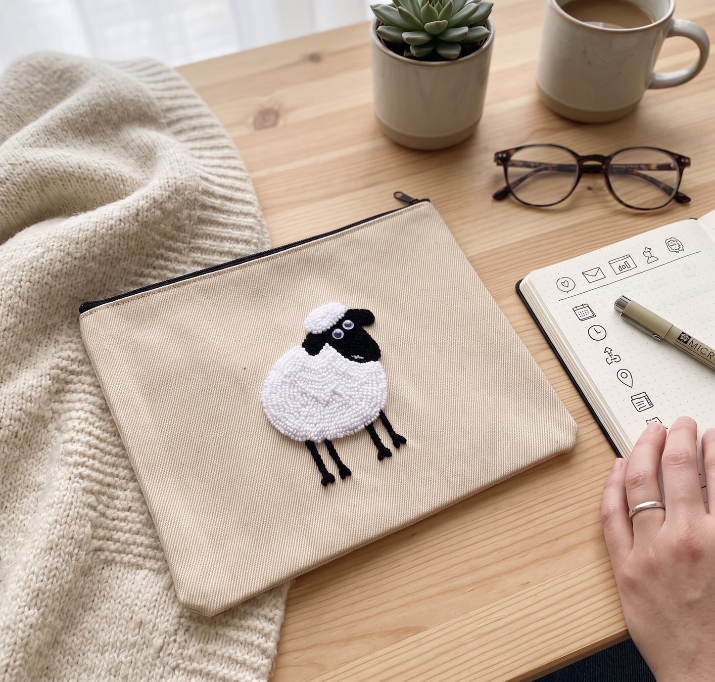 Sheep Punch Needle canvas Pouch