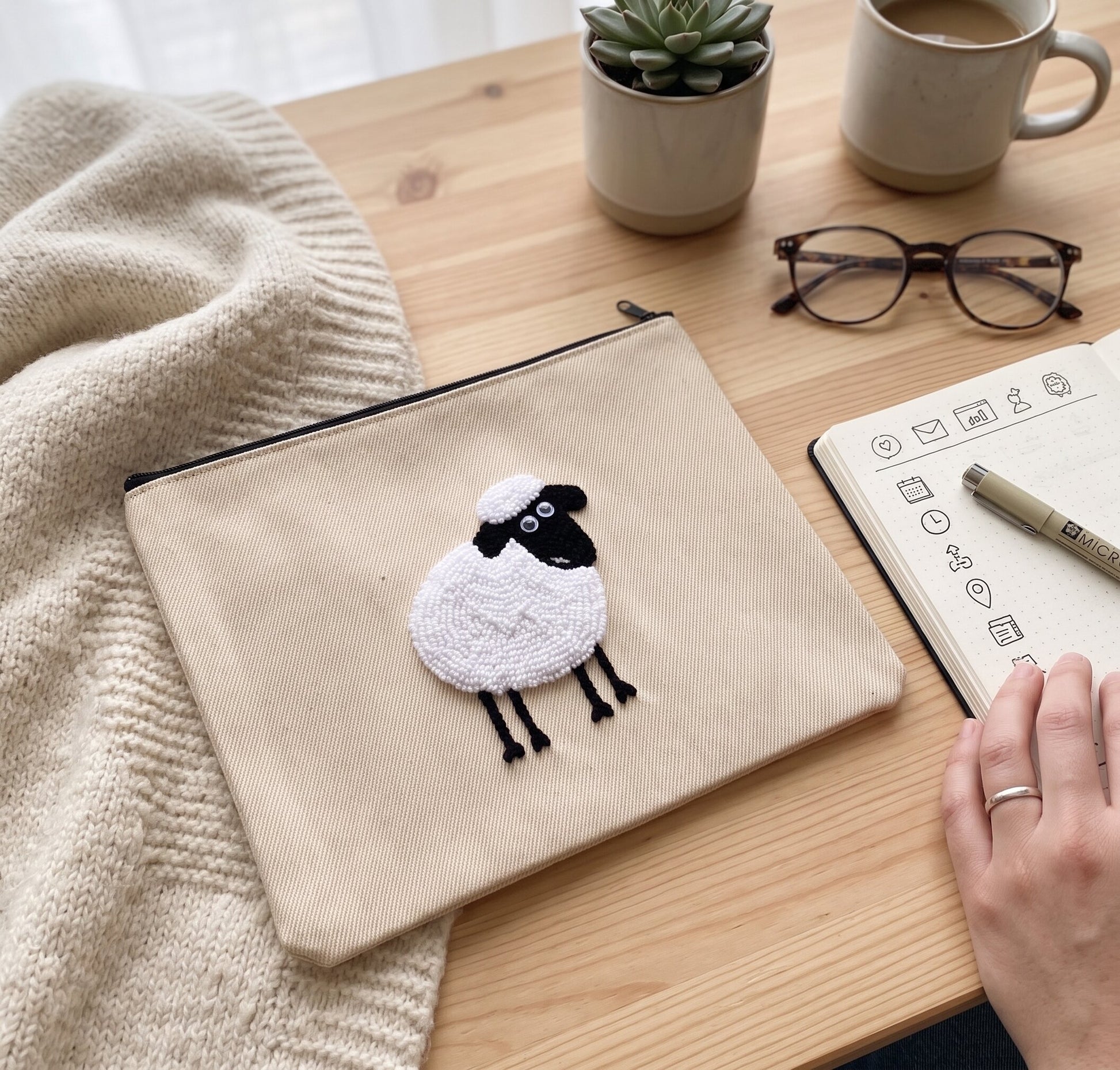 Sheep Punch Needle canvas Pouch