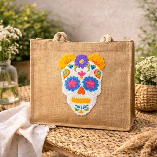 Handmade sugar skull punch needle jute shoulder bag