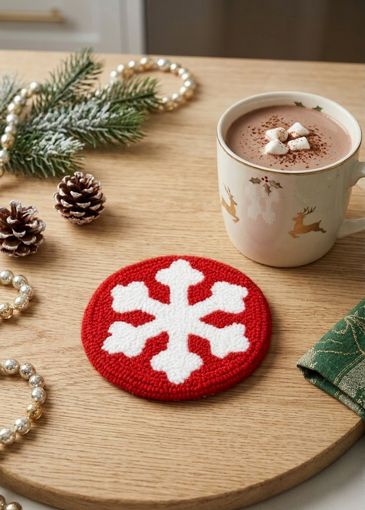 Snowflake punch needle coaster on wooden Christmas table