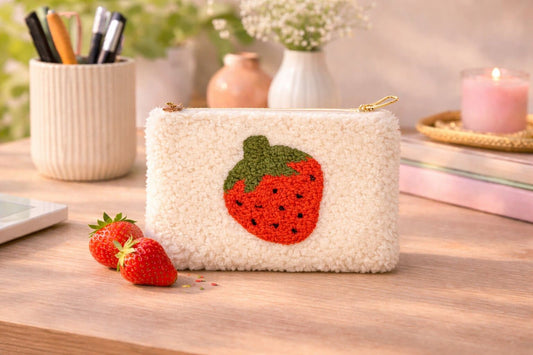 Strawberry Teddy Pouch - Handmade Plush Zip Bag
