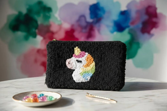 Unicorn teddy pouch handmade in UK black plush zip bag 10x15cm