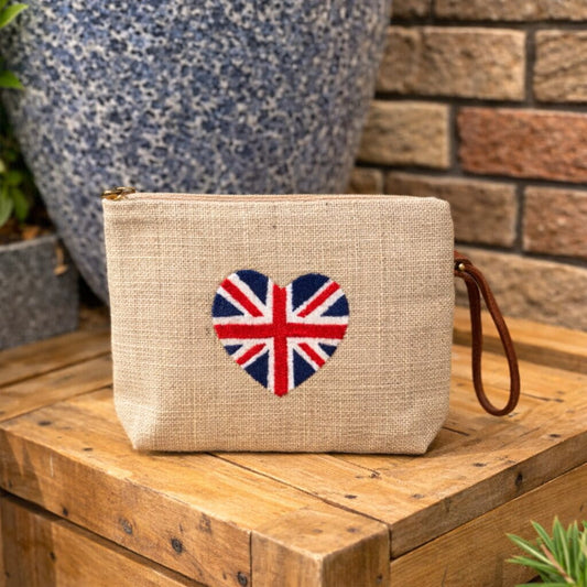 Union Jack Heart Punch Needle Jute Clutch Bag