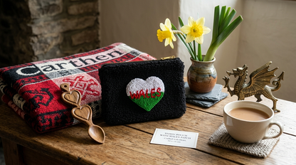 A cozy tabletop scene featuring a black textured pouch with a white and green embroidered heart reading 'WELSH', alongside a folded red-and-black patterned blanket with 'Carnathen' visible, a cup of tea, flowers, and decorative props on a wooden table.