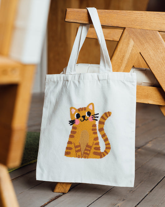 Orange tabby cat punch needle canvas tote bag on natural cotton