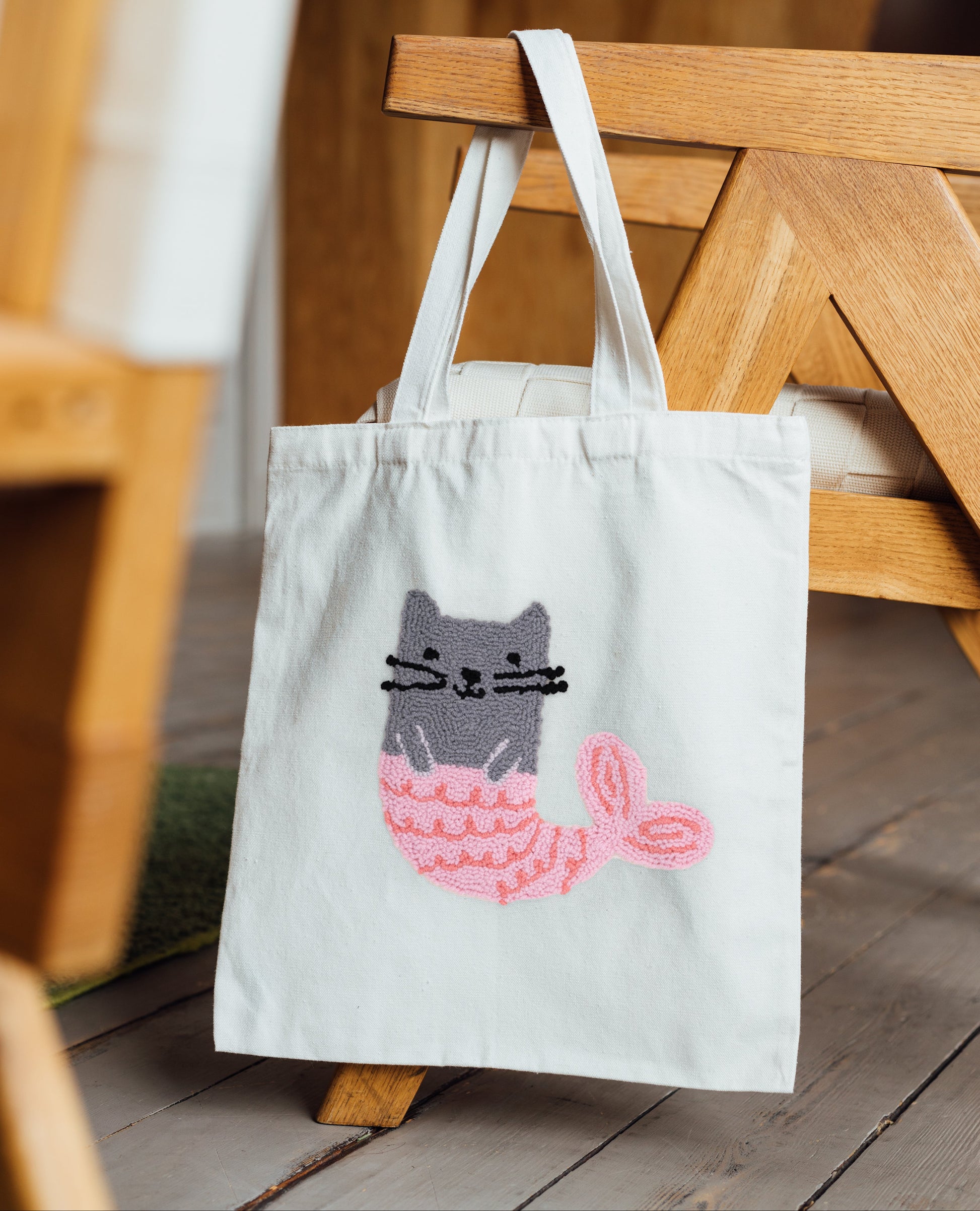 Mermaid cat punch needle canvas tote bag on natural cotton