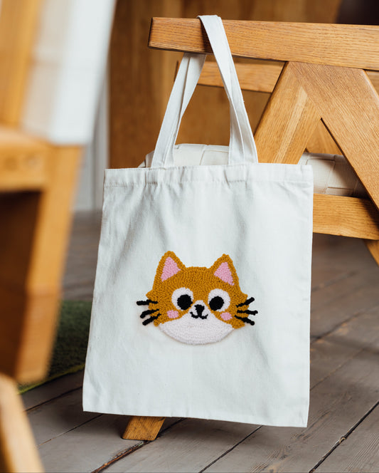 Ginger cat face punch needle canvas tote bag on natural cotton