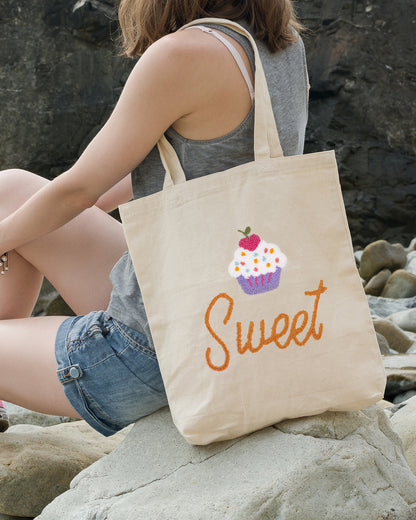 Sweet Cupcake Punch Needle Canvas Tote Bag