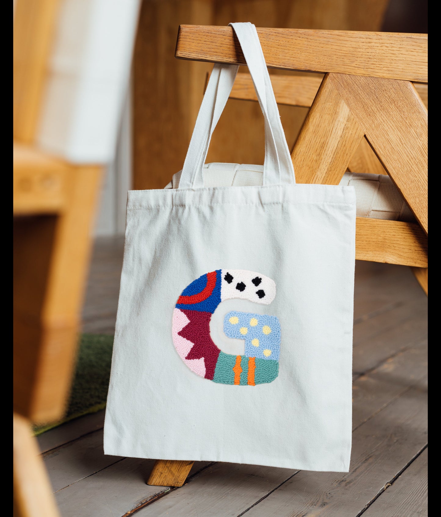 Abstract G punch needle canvas tote bag on natural cotton