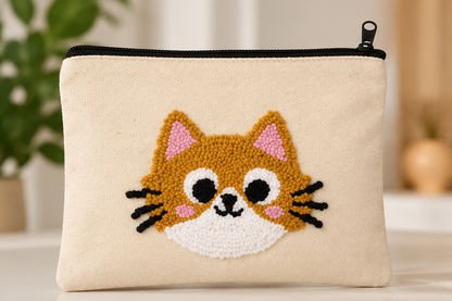 A cream-colored canvas zipper pouch featuring a hand-tufted, raised-flossy cat face design in orange, white, pink, and black on the front, set against a softly blurred indoor background.