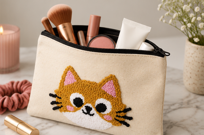 A beige canvas cosmetic pouch with a black zipper, featuring a cute embroidered cat face in brown, pink, white, and black. The pouch is shown open, filled with makeup items like brushes, a tube, and a compact, set on a marble surface with lifestyle props.