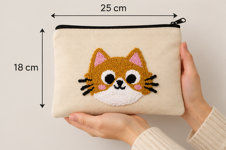 A cream-colored pouch with a cute brown, white, and pink cat face patchwork design, held by two hands. The image includes dimension overlays showing the pouch is 25 cm wide and 18 cm tall.