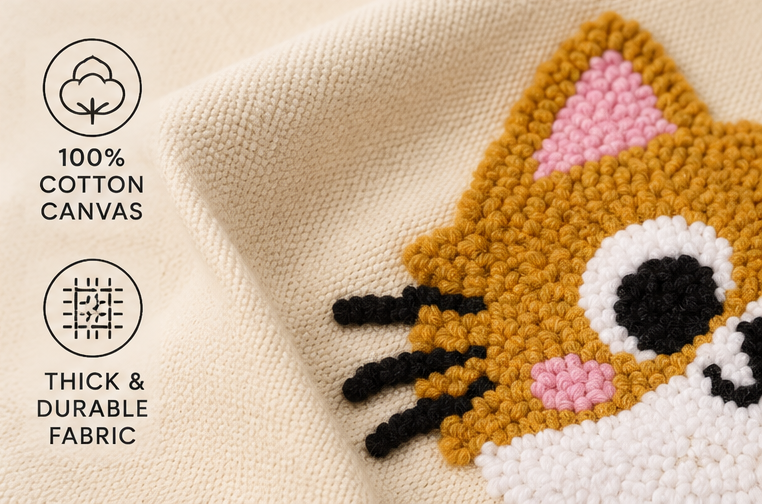 Close-up of a chunky knit fabric product with a crocheted cat face detail in mustard yellow, white, pink, and black, alongside text callouts reading '100% Cotton Canvas' and 'Thick & Durable Fabric'.
